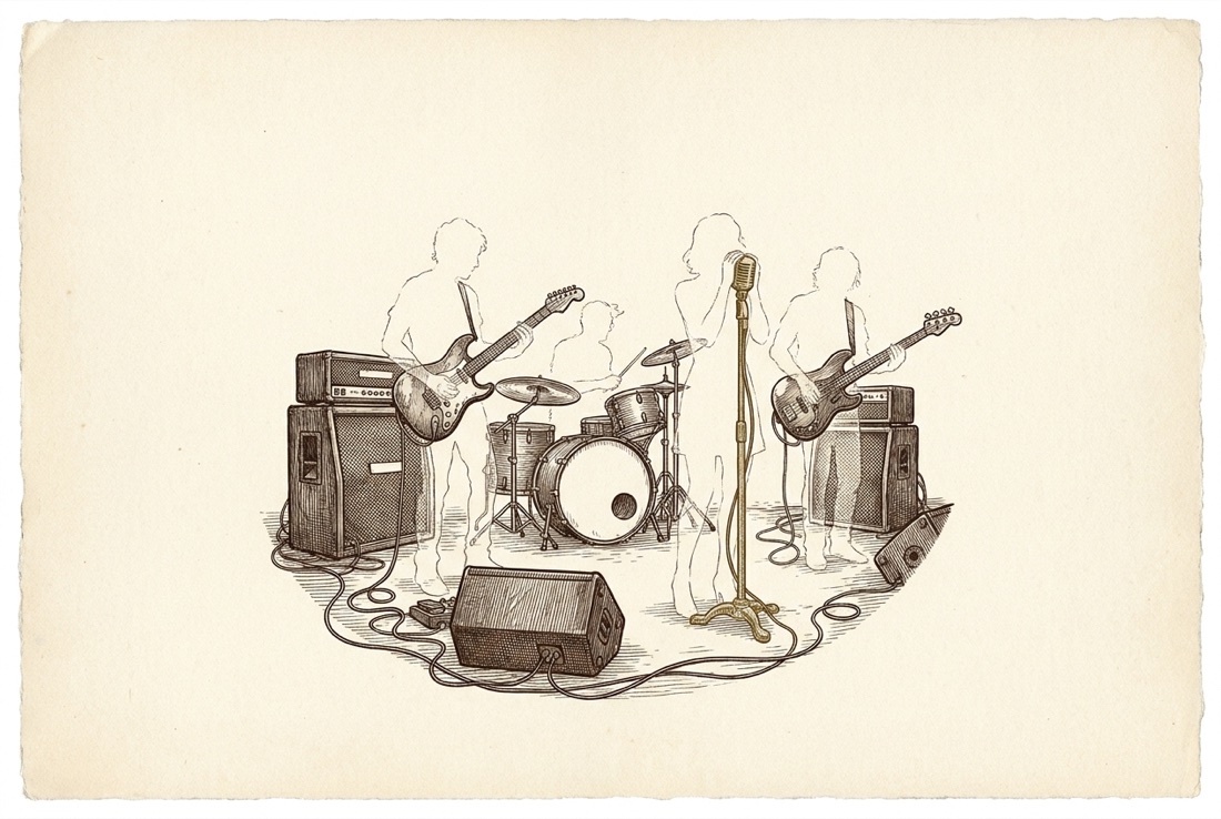 A ghost band on stage: translucent musicians, solid instruments