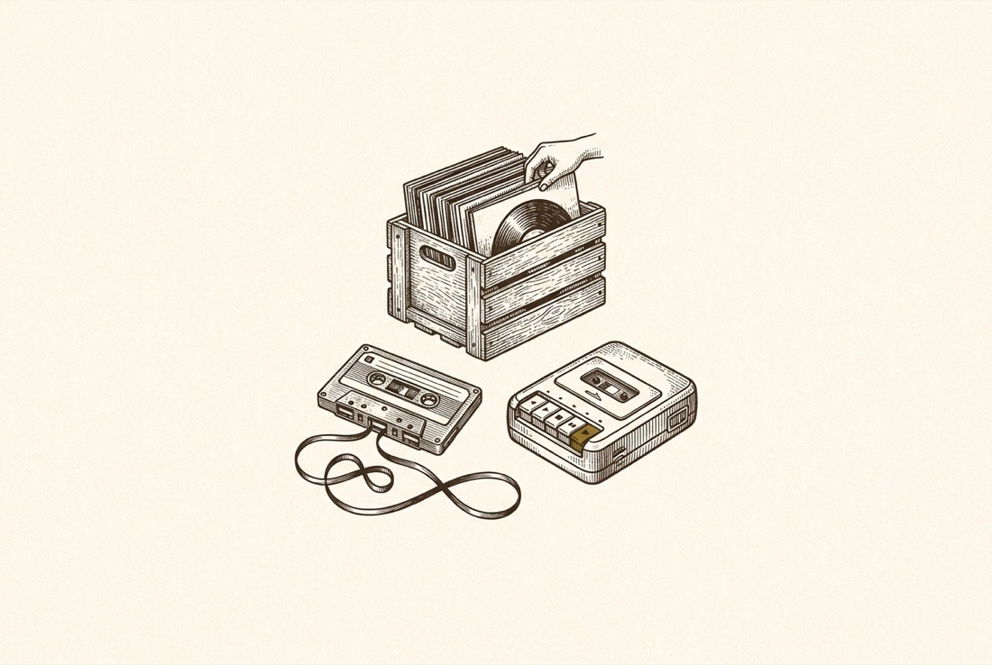 A record crate, a cassette with loose ribbon, and a chunky-buttoned cassette player