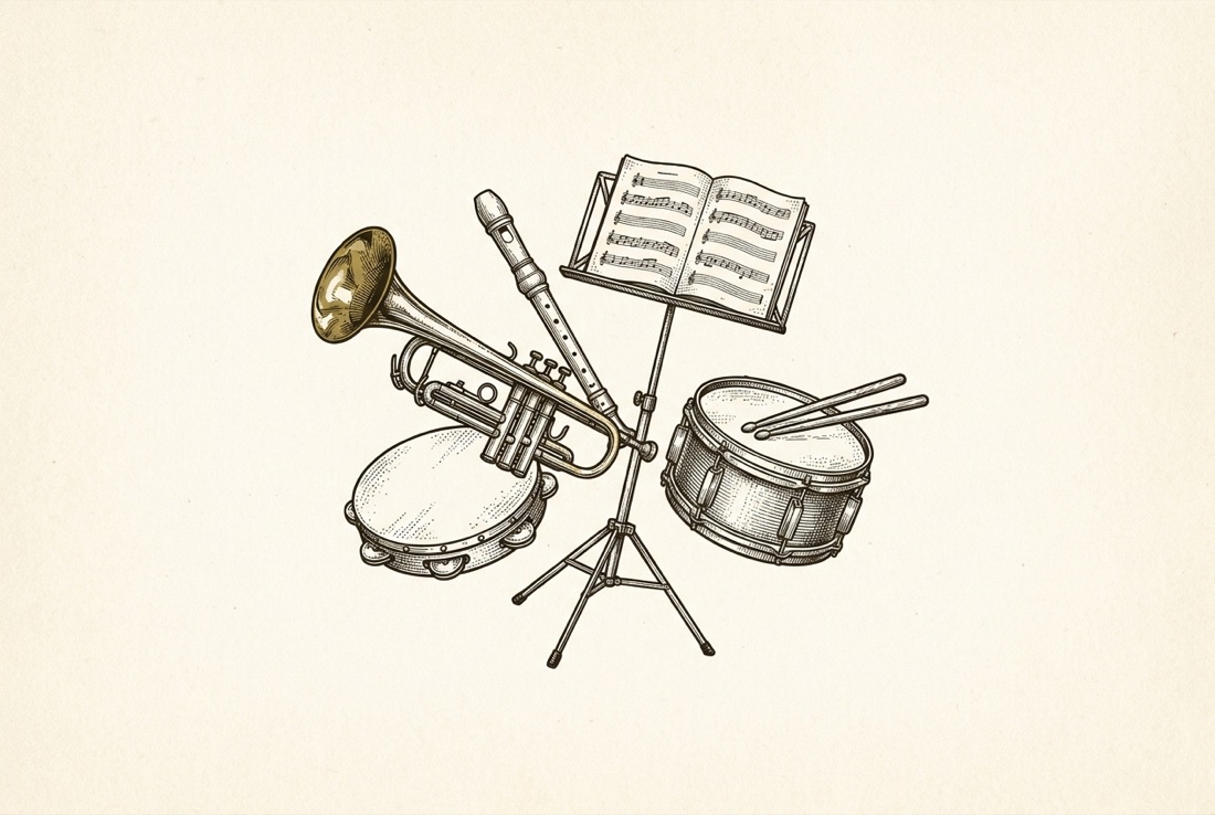 School music program instruments: a dented student trumpet, recorder, tambourine, snare