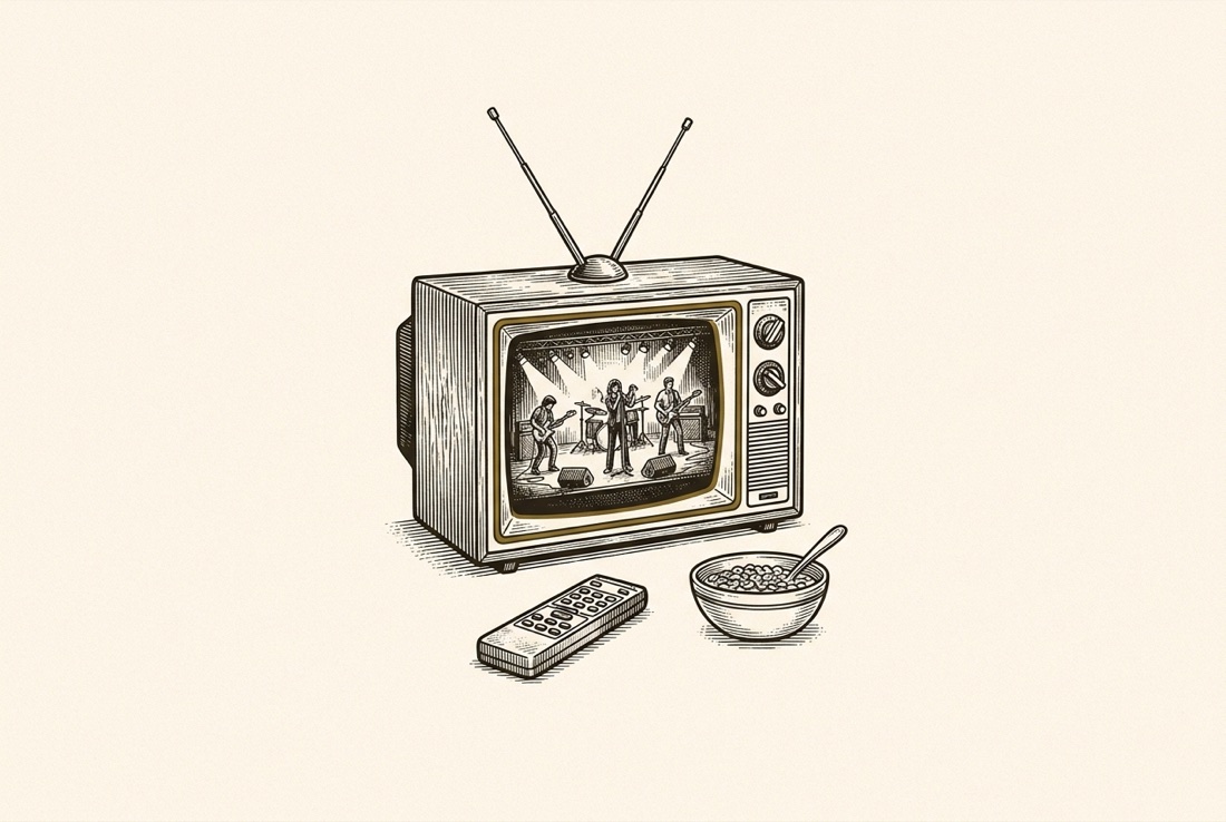 A wood-cabinet CRT television playing a music video, rabbit ears, cereal bowl in front